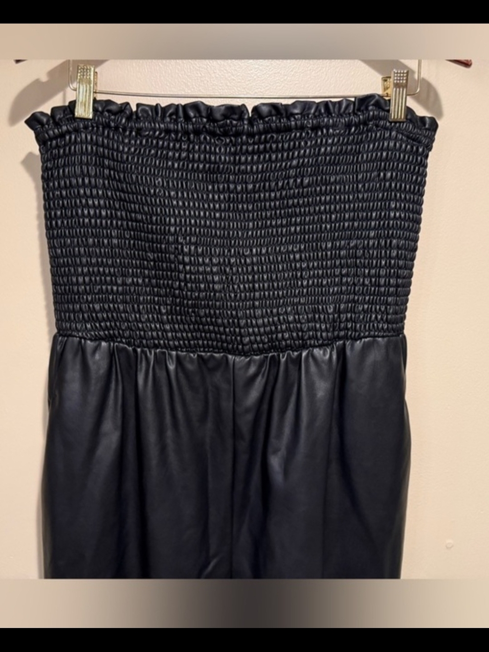 Anthropologie Black Strapless Smocked Faux-Leather Jumpsuit - Picture 3 of 5